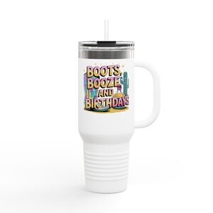 40oz Insulated Travel Mug — "Boots, Booze and Birthdays" Colorful Western Design